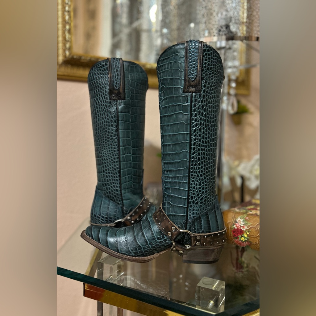 New Freebird By Steven Lusitano Teal Croc Patterned Leather Western Boots Size 7